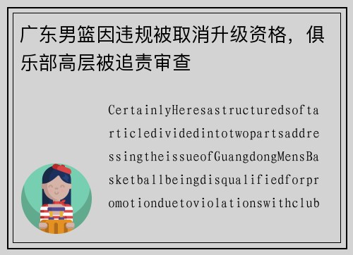 广东男篮因违规被取消升级资格，俱乐部高层被追责审查